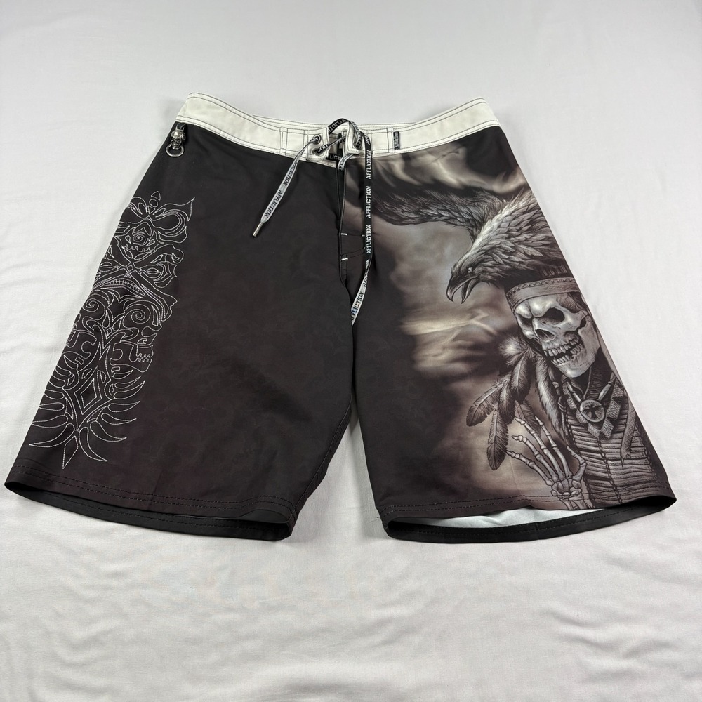 Affliction Board Shorts Mens 33 Black Skull Indian Tribal Graphic Grunge Y2K